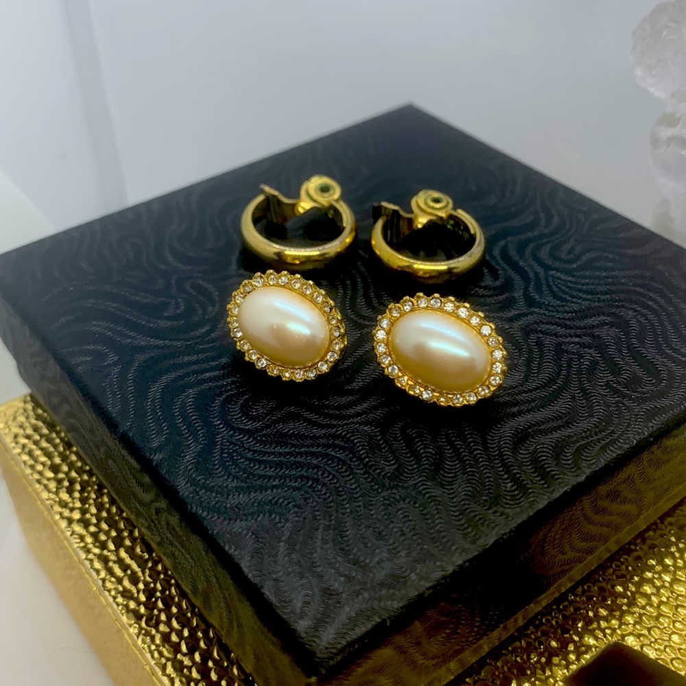 SOLD SOLD Two pair of Monet clip on earrings 1 hoop 1 faux Pearls and Rhinestone